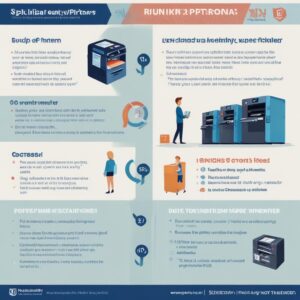 An infographic comparing the pros and cons of renting a printer versus buying one, specifically tailored for students and staff at a university like UKRIDA. It highlights cost savings, maintenance, and flexibility.