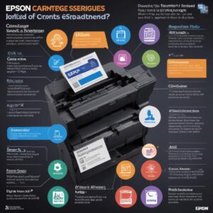 An infographic displaying common signs that an Epson cartridge needs replacement (streaky prints, error messages, flashing lights) with easy-to-understand icons.