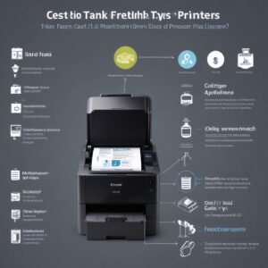 An infographic-style image showing two types of printers: Ink Tank vs. Cartridge, with clear labels and small icons representing cost savings and ease of use.