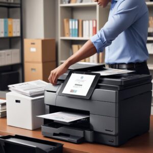An office worker efficiently using an HP OfficeJet Pro printer with its Automatic Document Feeder (ADF) to scan a stack of documents, highlighting productivity and speed.