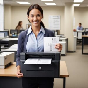 An office worker happily holding a freshly printed document from a HP LaserJet P1102 printer, smiling confidently.