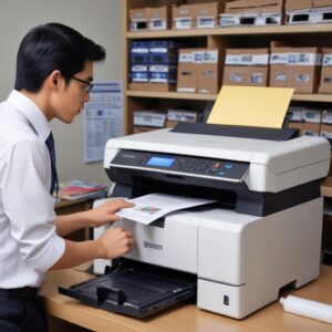 Beberapa printer multifungsi berbaris rapi di lingkungan kantor yang sibuk, dengan seorang teknisi sedang tersenyum ramah sambil menunjukkan fitur printer kepada seorang manajer.