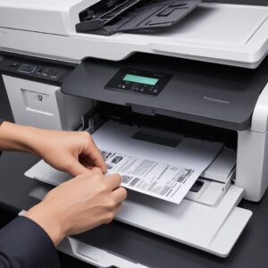 Close-up gambar cartridge HP LaserJet P1102 yang sedang dibersihkan dengan kuas lembut dan masker di atas meja kerja yang rapi.