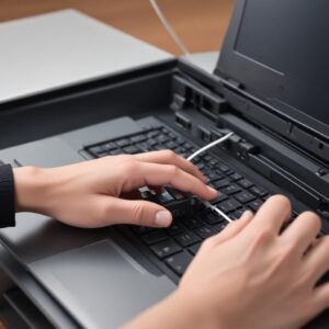 Close-up of a hand connecting a USB cable from a HP LaserJet P1102 printer to a laptop, with a focus on the connection port. The printer is on a clean desk.