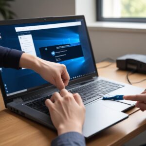 Close-up of a person connecting a USB cable from a printer to a laptop, with Windows 11 interface visible on the screen. The image should convey ease and direct connection.