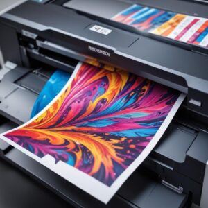 Close-up of a vibrant A3 print coming out of a printer, showcasing high-quality color and sharp details. The print could be a poster or a marketing flyer, emphasizing the quality output important for a printing business.