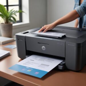 Close-up of an HP Smart Tank printer with its transparent ink tanks clearly visible, showing vibrant ink levels. A hand is gently placing a document on the scanner bed. The background is a clean home office desk.