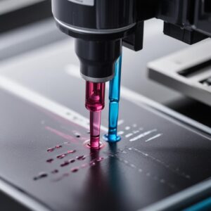 Close-up of an inkjet printer print head, showing tiny nozzles where ink is dispensed, with a slight blur to emphasize the small detail. The print head looks clean and ready for use.