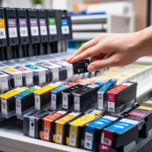 Close-up of various printer cartridges (original, compatible, remanufactured) neatly arranged, with a hand pointing to a price tag showing