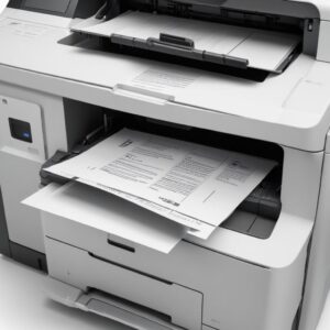 Close-up shot of a modern HP LaserJet printer quickly printing a stack of documents, showing sharp, crisp text. The printer is sleek and professional-looking.