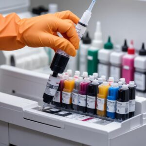 Close-up shot of a person refilling an inkjet printer cartridge with a syringe, wearing gloves, with bottles of ink in the background. The cartridge is labeled with different colors.