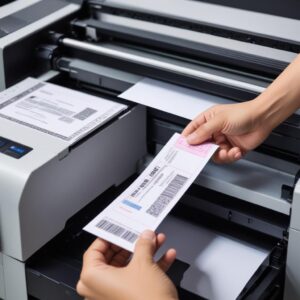 Close-up tangan seseorang memeriksa baki kertas printer yang kosong atau kertas yang tersangkut sedikit, dengan ekspresi sedikit bingung.
