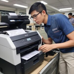 Dua tangan sedang berjabat tangan di depan sebuah printer dot matrix, melambangkan kesepakatan rental yang fleksibel. Di latar belakang, ada grafik panah ke atas menunjukkan pertumbuhan bisnis.
