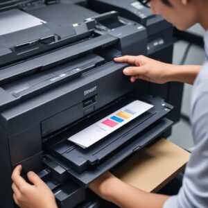 Foto close-up seorang teknisi sedang tersenyum ramah sambil memeriksa printer yang sedang disewa, menekankan layanan purna jual yang profesional dan terpercaya.