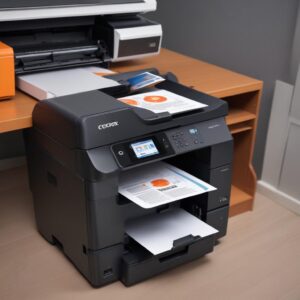 Ilustrasi berbagai jenis printer (inkjet dan laserjet) dalam sebuah kantor yang rapi, dengan orang-orang sedang bekerja di depan komputer, menunjukkan printer yang berfungsi optimal mendukung produktivitas.