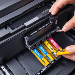 Ilustrasi cartridge printer yang sedang disemprotkan tinta berwarna, menunjukkan nozzle yang tersumbat atau tinta yang keluar tidak merata. Dengan latar belakang tumpukan kertas hasil cetakan yang bergaris atau pudar.