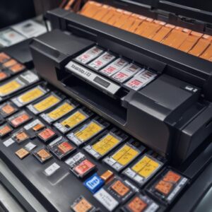 Ilustrasi chip cartridge printer yang kotor dan kemudian sedang dibersihkan dengan kapas dan alkohol, menunjukkan proses sebelum dan sesudah yang jelas. Cahaya fokus pada chip yang mengkilap.