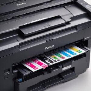Ilustrasi close-up berbagai jenis cartridge printer (inkjet, toner, ribbon) dengan label merek populer seperti HP, Canon, Epson.