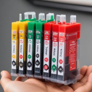 Ilustrasi dua jenis cartridge tinta, satu original dan satu kompatibel/refill, dengan tanda centang hijau di original dan tanda silang merah di kompatibel/refill, menunjukkan perbedaan kualitas.