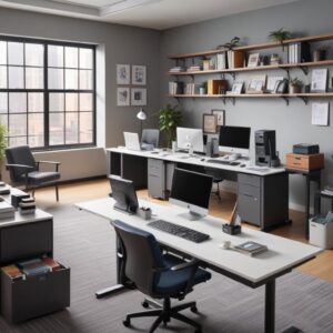 Ilustrasi kantor modern dengan karyawan yang sedang bekerja, dan di tengahnya ada printer HP multifungsi yang sedang aktif mencetak dokumen. Warna cerah, suasana produktif.