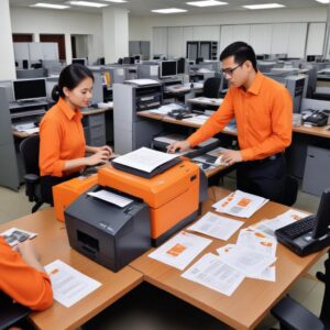 Ilustrasi kantor yang rapi dengan beberapa printer dan orang-orang yang bekerja dengan tenang, mengindikasikan efisiensi dan kepatuhan pajak yang baik dalam lingkungan bisnis.