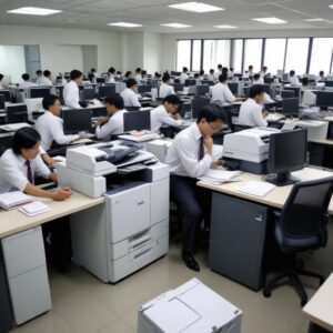 Ilustrasi kantor yang sibuk dengan karyawan yang sedang berkolaborasi, dan di sudut ruangan terdapat printer A3 yang sedang beroperasi dengan lancar, menunjukkan efisiensi kerja.