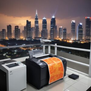 Ilustrasi orang sedang tersenyum lega di depan printer kantor, dengan latar belakang skyline Jakarta yang cerah, menunjukkan efisiensi dan kelegaan dari masalah printer.