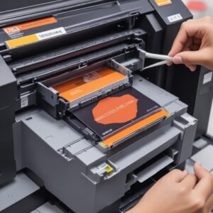 Ilustrasi orang sedang tersenyum lega sambil memegang beberapa cartridge printer dengan latar belakang tumpukan dokumen yang sudah dicetak, menunjukkan kebahagiaan karena biaya cetak yang hemat.