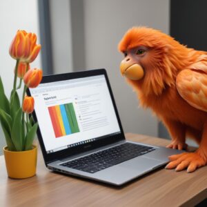 Ilustrasi orang tersenyum lega di depan laptop dengan tulisan'Hemat Biaya' dan'Efisiensi' di layar, sementara di belakangnya ada printer modern. Nuansa cerah dan optimistik.