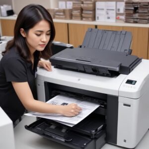 Ilustrasi printer HP yang baru selesai diservice, mengeluarkan kertas cetakan bersih dan tajam, dengan ekspresi wajah bahagia pengguna di latar belakang.