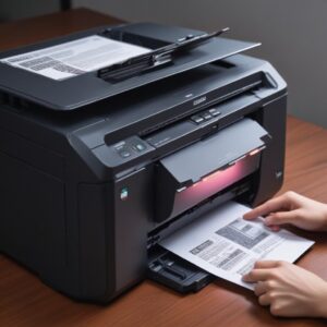 Ilustrasi printer yang menampilkan pesan error atau lampu indikator masalah, dengan fokus pada area cartridge yang macet atau tidak bergerak.