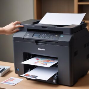 Ilustrasi printer yang sedang mencetak dokumen dengan lancar, menunjukkan hasil cetakan yang keluar rapi. Di latar belakang, ada tangan yang tersenyum lega.