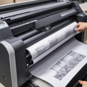 Ilustrasi roller penarik kertas printer yang bersih dan berfungsi dengan baik, dengan panah yang menunjukkan arah tarikan kertas yang mulus.