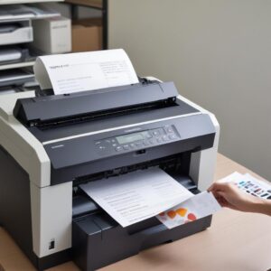 Ilustrasi sekumpulan printer dot matrix yang rapi berjajar, menunjukkan kesiapan untuk disewa. Latar belakang kantor modern dengan beberapa orang sedang bekerja. Warna cerah, gaya profesional namun ramah.