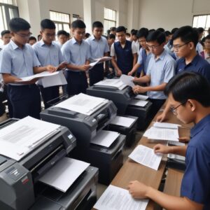 Ilustrasi seorang mahasiswa/mahasiswi UNJ tersenyum lega sambil memegang tumpukan kertas hasil cetakan di samping printer modern. Di latar belakang, terlihat siluet gedung kampus UNJ.