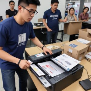 Ilustrasi seorang pebisnis muda di Jakarta tersenyum lega di depan laptop dengan ikon printer yang bersinar, menunjukkan kemudahan dan efisiensi sewa printer.