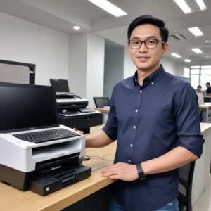 Ilustrasi seorang pebisnis muda (mungkin CEO startup) tersenyum lega di depan laptopnya, di belakangnya ada printer scanner multifungsi modern yang bersih dan siap pakai. Suasana kantor minimalis, cerah, dan produktif.