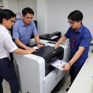 Ilustrasi seorang pebisnis muda tersenyum lega di depan printer A3 modern di kantor yang rapi, menunjukkan rasa puas setelah menyewa printer.