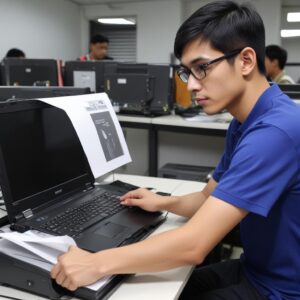 Ilustrasi seorang pebisnis muda tersenyum lega di depan laptop dengan laporan keuangan yang jelas, di sampingnya ada printer yang sedang beroperasi, menunjukkan kemudahan dalam mengelola pajak sewa printer.