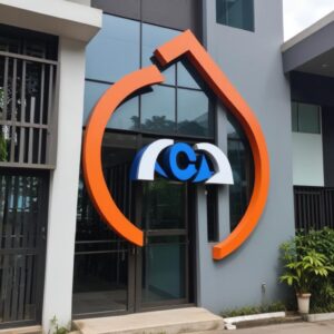 Ilustrasi seorang pebisnis muda tersenyum lega di depan tumpukan dokumen yang sudah tercetak rapi, dengan logo kantor modern di latar belakang, mengindikasikan efisiensi dan kepuasan.