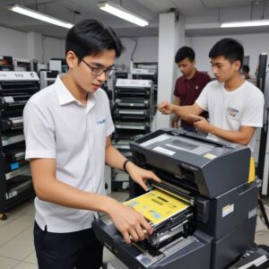Ilustrasi seorang pembeli sedang membandingkan beberapa model printer di lorong toko elektronik yang ramai di Mangga Dua, Jakarta, dengan ekspresi ceria dan optimis.