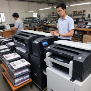 Ilustrasi seorang pria muda sedang tersenyum sambil memegang kotak printer baru di toko elektronik modern di Jakarta, dengan latar belakang rak-rak penuh printer.