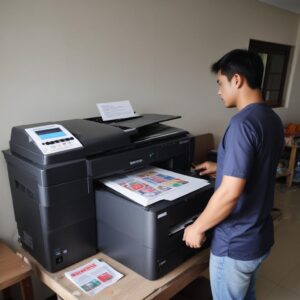 Ilustrasi seorang teknisi sedang memperbaiki printer di rumah pelanggan, dengan peralatan lengkap, di Sidoarjo. Suasana santai dan profesional.