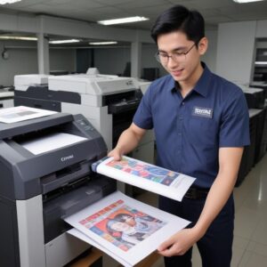 Ilustrasi seorang teknisi yang sedang memeriksa bagian dalam printer dengan berbagai alat di meja kerjanya, fokus pada tangan teknisi.