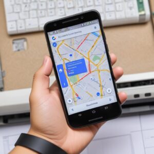 Ilustrasi seseorang menggunakan smartphone untuk mencari toko cartridge printer terdekat dengan Google Maps, menunjukkan rute dan ikon toko.