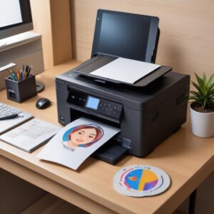 Ilustrasi seseorang sedang memasang CD driver printer ke komputer jadul dengan printer di sampingnya. Gaya kartun sederhana dan ceria.