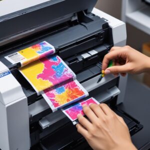 Ilustrasi tangan sedang memasang cartridge tinta ke dalam printer dengan hati-hati, menunjukkan posisi yang tepat dan bunyi