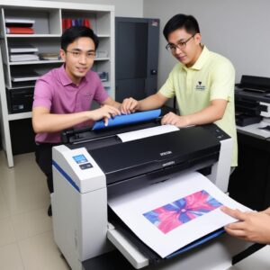 Ilustrasi tangan sedang membersihkan bagian luar printer dengan lap microfiber, ada sedikit debu yang terangkat. Printer terlihat bersih dan modern.