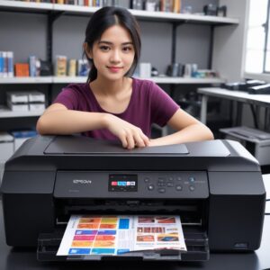 Ilustrasi tangan sedang membuka penutup printer Epson, menunjukkan bagian dalam dengan head printer dan tangki tinta yang berwarna-warni. Suasana cerah dan fokus pada detail komponen.