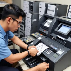 Ilustrasi tangan sedang memegang kalkulator menghitung angka-angka PPh 23, dengan latar belakang ikon dokumen pajak dan printer modern, menunjukkan proses perhitungan pajak yang akurat.